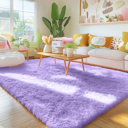 OLANLY Area Rugs for Living Room, Machine Washable 4x5.9 ft Soft Fluffy Shaggy Bedside Rug, Indoor Floor Carpet for Kids Girls and Boys, Dorms, Nursery Rooms, Home Decor Aesthetic, Light Purple