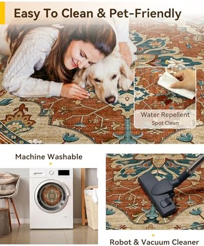 RELEANY Washable Area Rug, Round 8ft, Red/Orange/Blue/Brown
