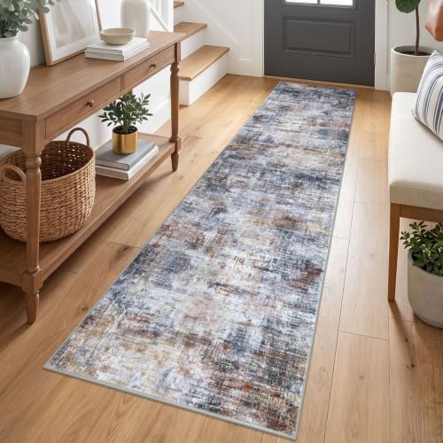IOHOUZE Abstract Runner Rug 2x7 Ft Washable Runners for Hallways, Non Slip Kitchen Runner Printed Faux Wool Entryway Runners Indoor, Modern Abstract Floor Carpet for Hall Kitchen Bedroom, Orange Grey