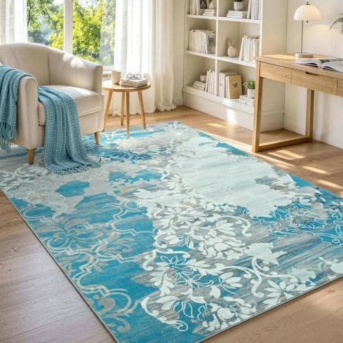 6x9 Washable Non-Slip Area Rug for Living Room (Blue)