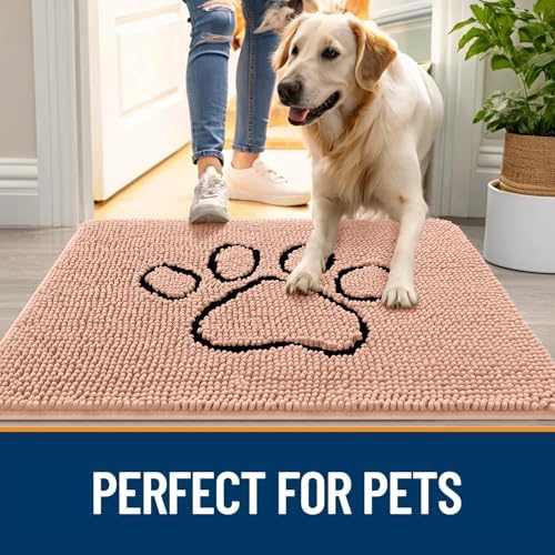 OLANLY Dog Door Mat for Muddy Paws 30x20, Paw Print Design Chenille Mud Mat