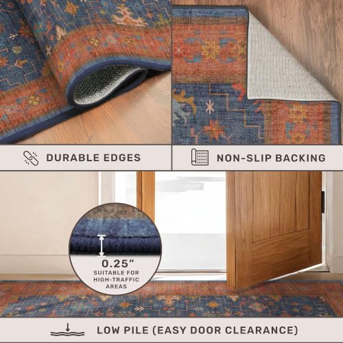 Washable 10 ft Long Runner for Hallway - Navy Blue Kitchen Floor Runner Rug, Pet Friendly Waterproof Non Slip with Rubber Backing, Stain Resistant Laundry Room Rug (3x10 Navy Blue & Terracotta)