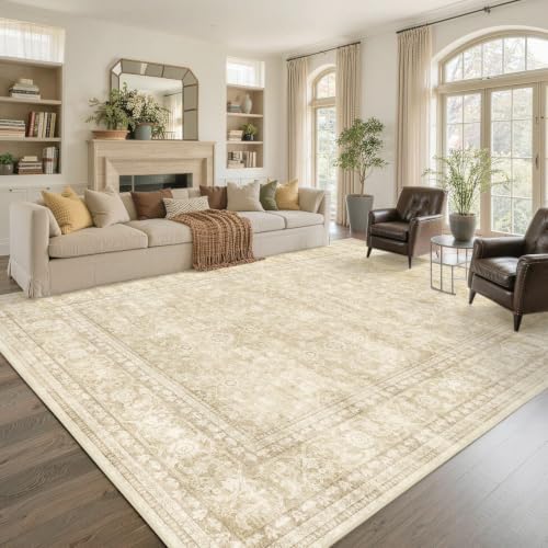 8x10 Ft Large Area Rugs for Living Room, Soft Non-Slip Machine Washable Rug, Vintage Stain Resistant Carpets for Bedroom Nursery Dining Room Home Decor (Beige)