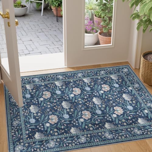 DUKINO 2x3 Rug, Washable Vintage Floral Bathroom Rugs Non Slip, Dark Blue