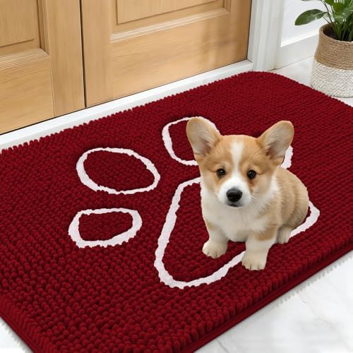 OLANLY Dog Door Mat for Muddy Paws 24x16, Paw Print Design Chenille Mud Mat