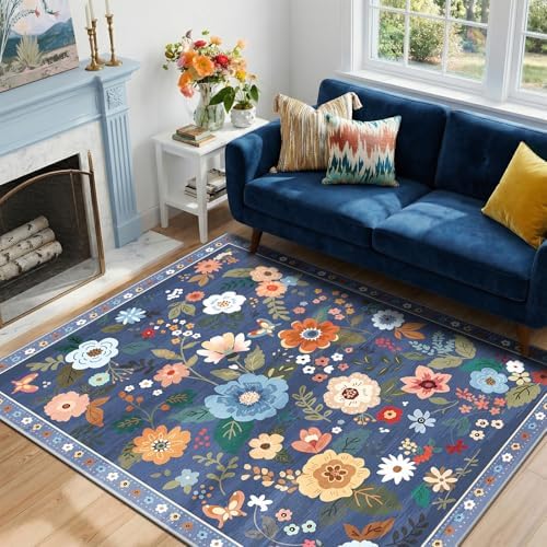 RELEANY Floral Washable 3x5 Area Rugs Blue/Grey