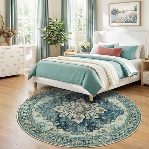 RELEANY Washable Area Rug, Round 7ft, Blue/Vintage Dark Blue