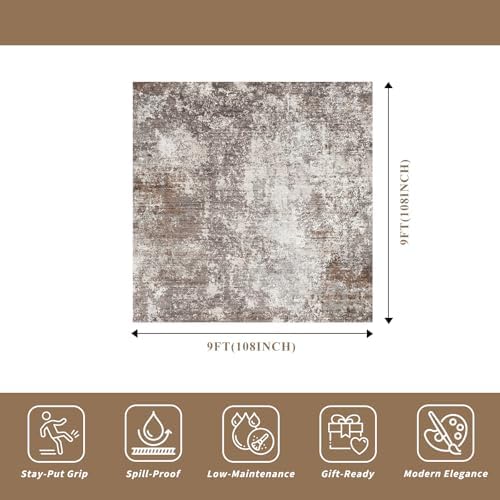 9x9 Square Living Room Area Rug Washable Non-Slip, Brown Beige
