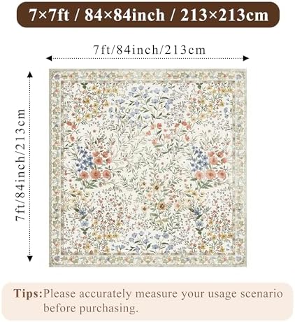 7x7 Vintage Floral Dining Room Rug - 7ft Square Low Pile Non Slip Machine Washable Area Rug, Indoor Carpet for Under Table/Bed Living Room Bedroom Office Nursery Entryway Playroom (7ft Square, Beige)