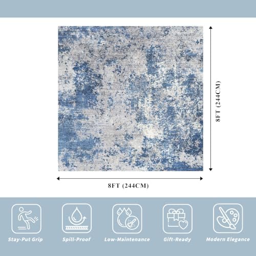 8x8 ft Square Living Room Rug - Washable Modern Neutral Abstract Area Rug for Bedroom, Dining Room, Kitchen Non-Slip Soft Low-Pile Indoor Floor Carpet (Blue Ivory Grey, 8x8)
