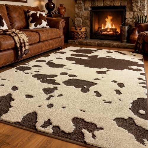 YIHOUSE Cowhide Area Rugs 5×7 Ft, Washable Plush Soft Brown and Cream Cow Rug, Non-Slip High-Low Pile Animal Carpet for Living Room, Bedroom, Dining Room, Nursery, Western Home Decor