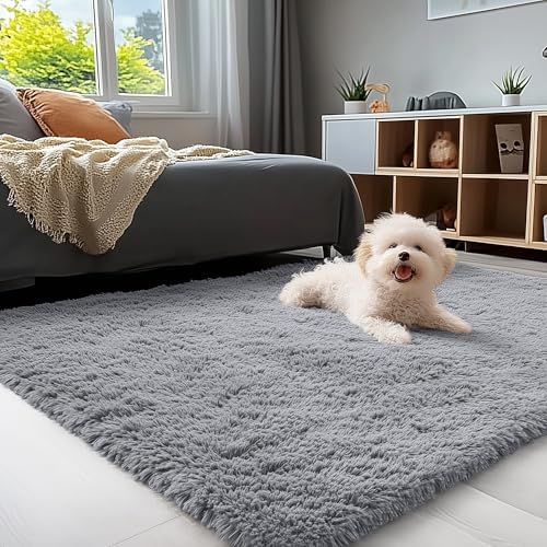 OLANLY 4x5 Machine Washable Accent Rug, Soft Fluffy Shaggy Area Rug for Bedroom, Living Room, Indoor Floor Carpet for Kids, Nursery, Home Decor, Light Grey