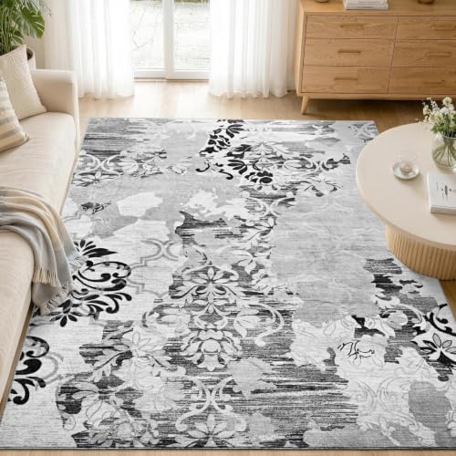 5x7 Washable Non-Slip Area Rug for Living Room (Light Gray)
