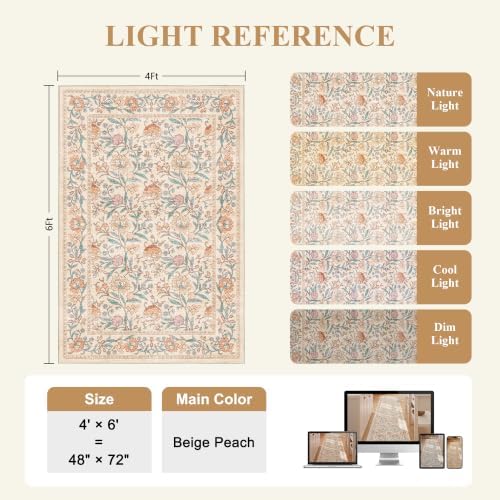 DUKINO 4x6 Area Rug, Washable Vintage Floral Rug for Living Room, Beige