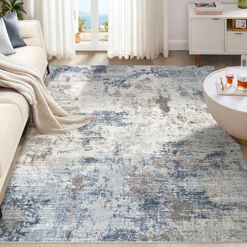 UERMEI 9x12 Area Rug Living Room Rugs - Washable Neutral Modern Abstract Soft Thin Large Rug Indoor Floor No Slip Rug Carpet for Bedroom Under Dining Table Home Office Decor- Denim Blue