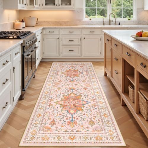RELEANY Washable Area Rug, Runner 3'x8', Pink/Light Pink/Colorful