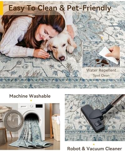 RELEANY Washable Area Rug, 8'x10', Blue/White/Gray