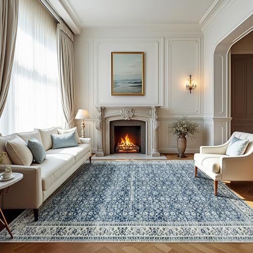 8x10 Boho Washable Area Rugs for Living Room,Bedroom,Dining Room-White Blue