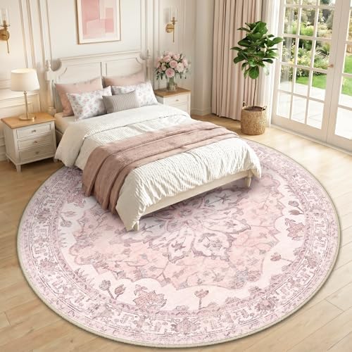 RELEANY Washable Area Rug, Round 10ft, Pink