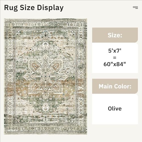 Soalmost 5x7 Area Rug Low Pile Washable Trendy Faded Style Rug, Olive Beige