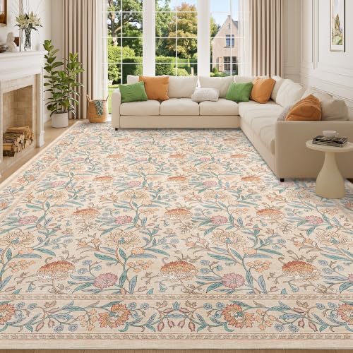 DUKINO 10x14 Area Rugs for Living Room, Washable Vintage Floral Rug, Beige
