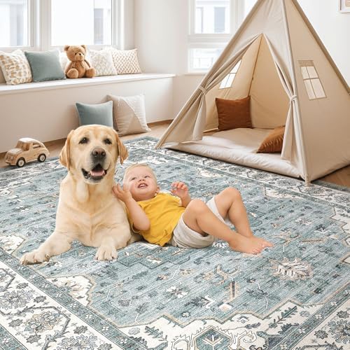 cotiled 10x12 Area Rug for Living Room, Washable, Traditional, Denim Blue