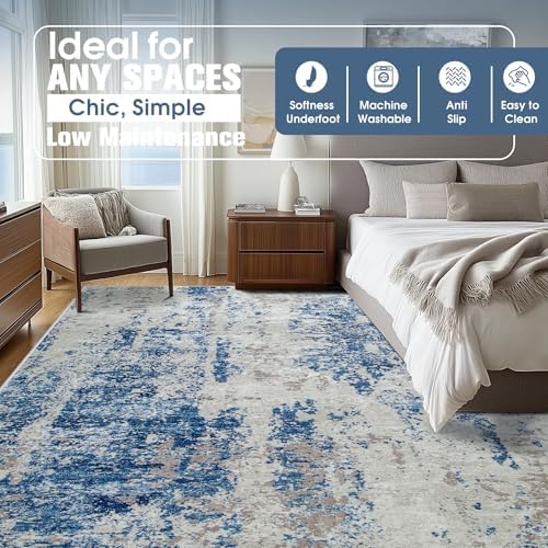 10x14 Area Rugs for Living Room Washable Dining Room Blue Grey White