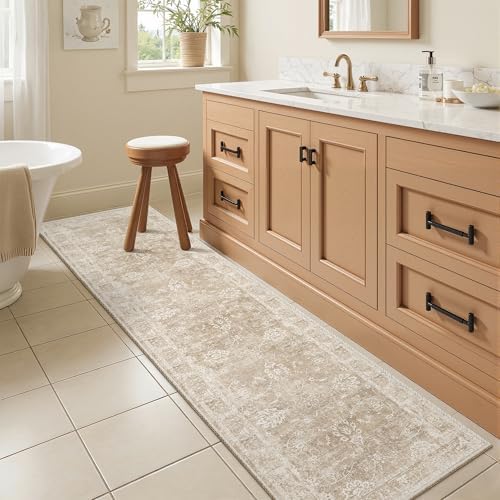 Madane Washable Runner Rug 2x5, Vintage Kitchen Hallway Rug Beige/Brown