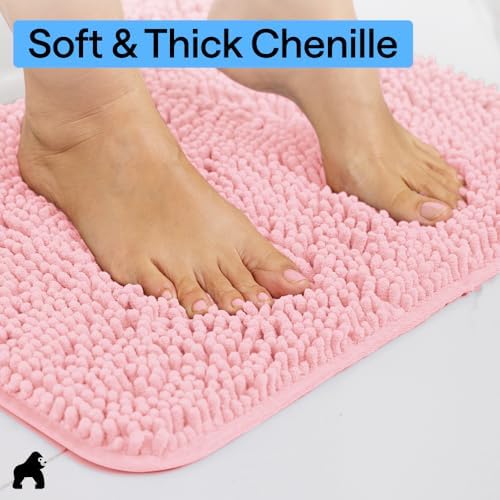 GORILLA GRIP Bath Rug Mat for Bathroom, Absorbent Chenille 60x24 Light Pink