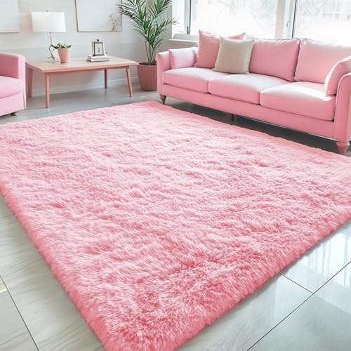 OLANLY 5x8 Machine Washable Large Area Rugs for Living Room, Bedroom, Soft Fluffy Shaggy Bedside Rug, Indoor Floor Carpet for Kids Girls and Boys, Dorms, Nursery, Home Decor Aesthetic, Pink
