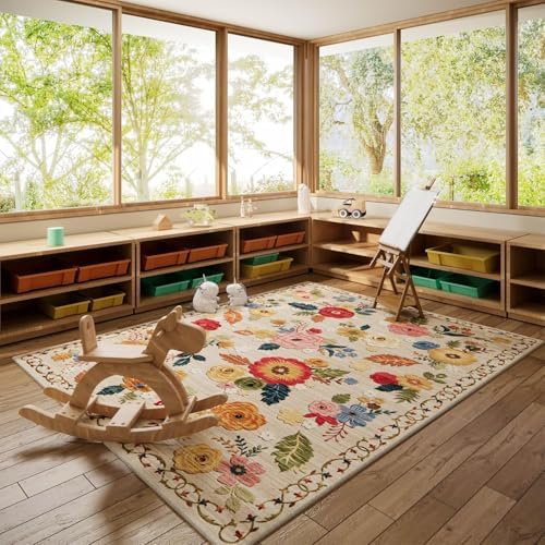 10x14 Area Rugs for Living Room: Large Washable Rug Lightweight Non Slip Low Pile Soft Faux Wool Non Shedding Distressed Vintage Floral Carpet Rugs for Bedroom Dining Room Nursery Farmhouse