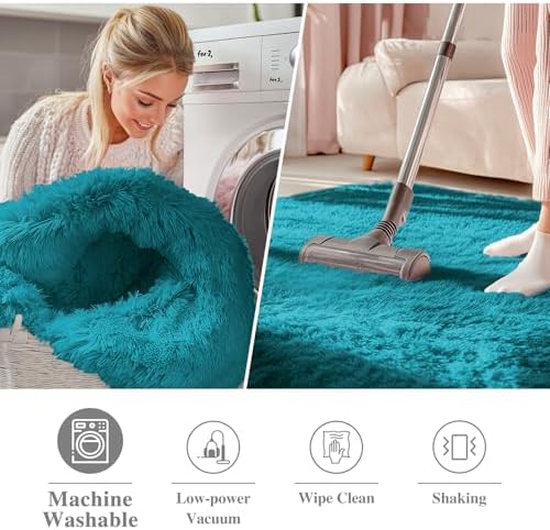 OLANLY Teal Round Rugs for Bedroom - Machine Washable, 4 ft Circle Area Rugs for Living Room, Soft and Fluffy Shaggy Carpet for Teen Girl and Boys, Nursery Rooms, Dorms, Home Decor Aesthetic