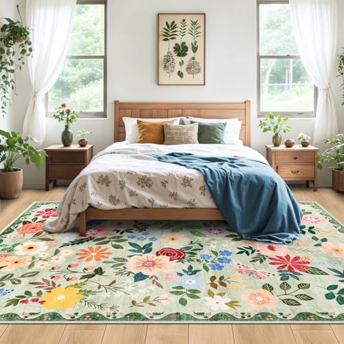 PLHXFR Area Rug 9x12 Living Room: Floral Washable Boho Soft Carpet Green