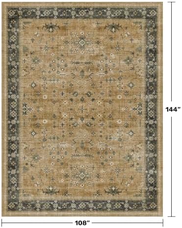 Washable 9x12 Living Room Rug - Vintage Extra Large Area Rugs for Dining Room Under Table, Rustic Brown and Charcoal Olive Low Pile Carpet for Bedroom Under the Bed, Non-Slip Stain & Fade Resistant