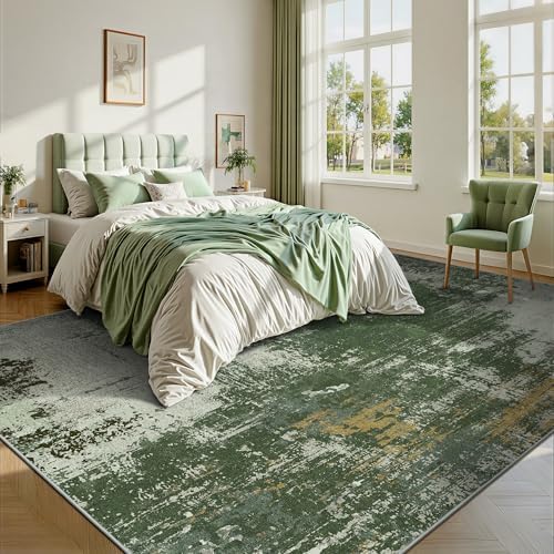 9x12 Rugs for Living Room - Modern Abstract Washable Rug, Ultra Soft Non Slip Low Pile Large Rugs, Floor Carpet for Bedroom Dining Room Office Laundry Nursery Home(Green)