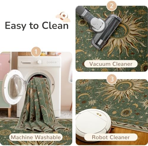 Vacuum-Friendly, 2x8 Washable Area Rug, Green Brown