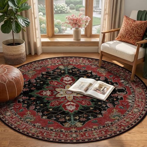 RELEANY Washable Area Rug, Round 4ft, Red/Black