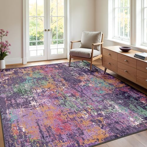RELEANY Washable Square 8'x8' Area Rug for Living Room Purple Multi