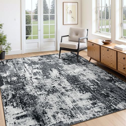 RELEANY Washable 4'x5' Abstract Area Rug for Living Room Black White
