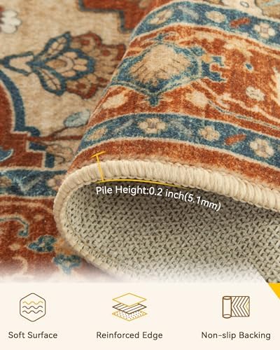 RELEANY Washable Area Rug, Round 8ft, Red/Orange/Blue/Brown