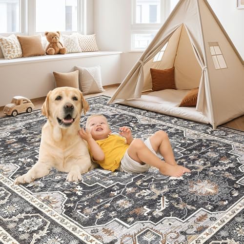 cotiled 10x12 Area Rug for Living Room, Washable, Traditional, Black