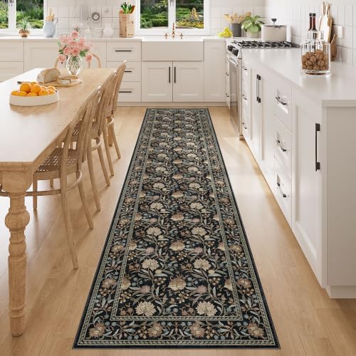 DUKINO 2x8 Runner Rug, Washable Vintage Floral Kitchen Rugs, Black