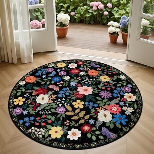 PLHXFR Round Area Rug Living Room: 4 ft Floral Washable Soft Carpet Black