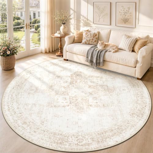 Round Rugs 8ft Washable Rug, Vintage Boho Medallion Rugs Non-Slip Soft Low Pile Circle Distressed Rug Indoor Retro Carpet for Living Room Bedroom Dining Room Home Office (Beige, 8' Round)