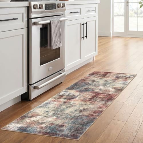IOHOUZE Abstract Runner Rug 2x6 Ft Washable Runners for Hallways, Non Slip Kitchen Runner Printed Faux Wool Entryway Runner Indoor, Modern Abstract Floor Carpet for Hall Kitchen Bedroom, Red/Multi