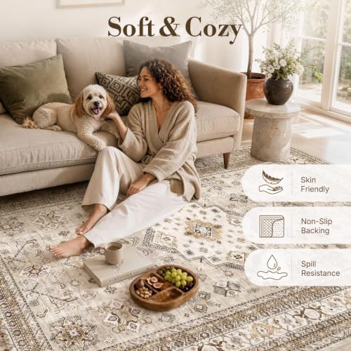 cotiled 5x8 Area Rug for Living Room, Washable, Traditional, Beige