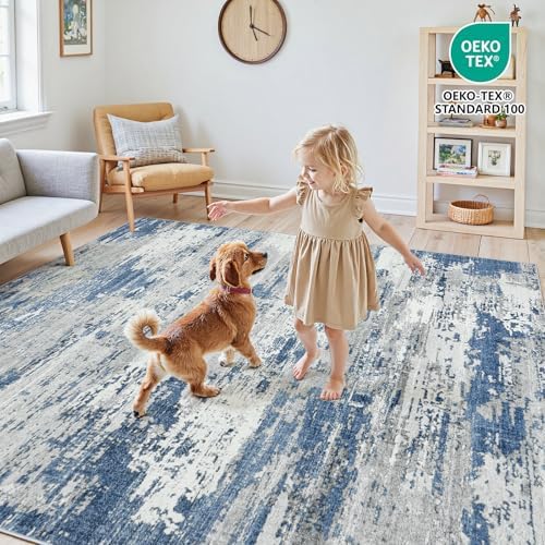 6x9 Area Rugs for Living Room Large Washable Abstract Rug Grey/Blue