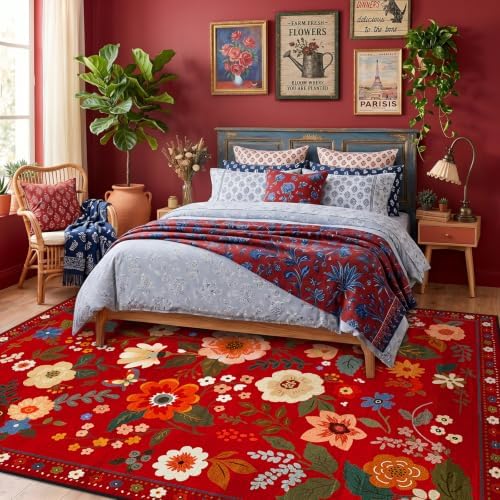Floral Washable 8x10 Area Rugs Red/Orange