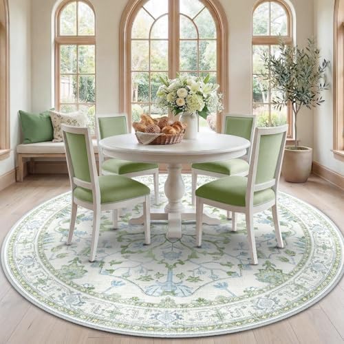 RELEANY Washable Area Rug, Round 7ft, Green/White/Blue