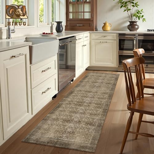 Washable Area Rug 2'6'' x 8' Vintage Traditional Persian Mat - Foldable Distressed Non-Slip Machine Washable Carpet for Living Room Bedroom Kitchen Home Decor - Mocha and Taupe